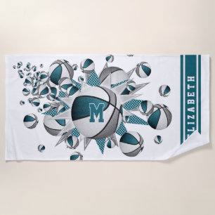 Serviette De Plage Basket gris turquoise étoiles filles monogrammed