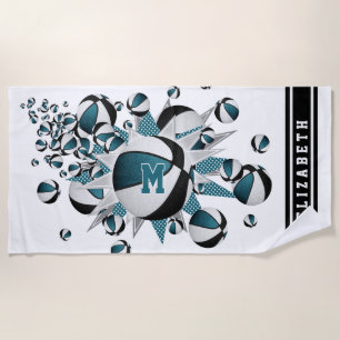 Serviette De Plage Basket noir turquoise étoiles filles monogrammed