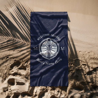 Serviette De Plage Bateau Bleu Marine Blanc Nom Ancre Bienvenue à Bor