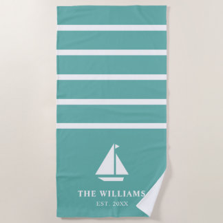 Serviette De Plage Bateau nautique Turquoise rayé Ajouter le nom Text