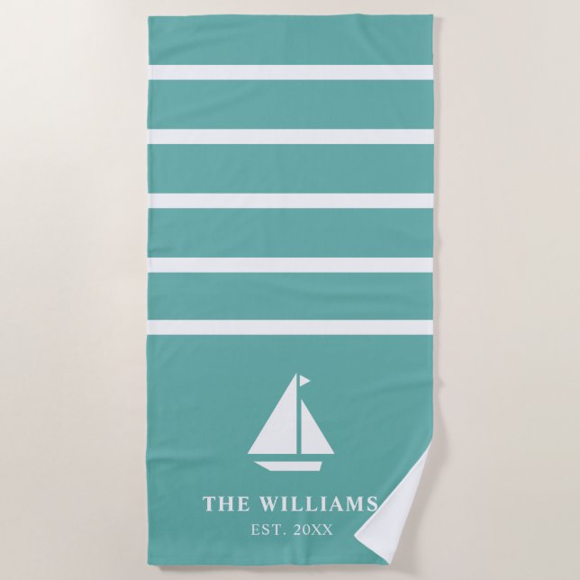 Serviette De Plage Bateau nautique Turquoise rayé Ajouter le nom Text (Devant)