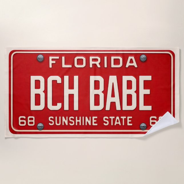 Serviette De Plage Beach Babe 1969 | Red Retro Florida License Plate (Devant)