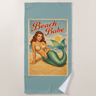 Serviette De Plage Beach Babe Pin-Up Mermaid -Retro Coastal Life Teal