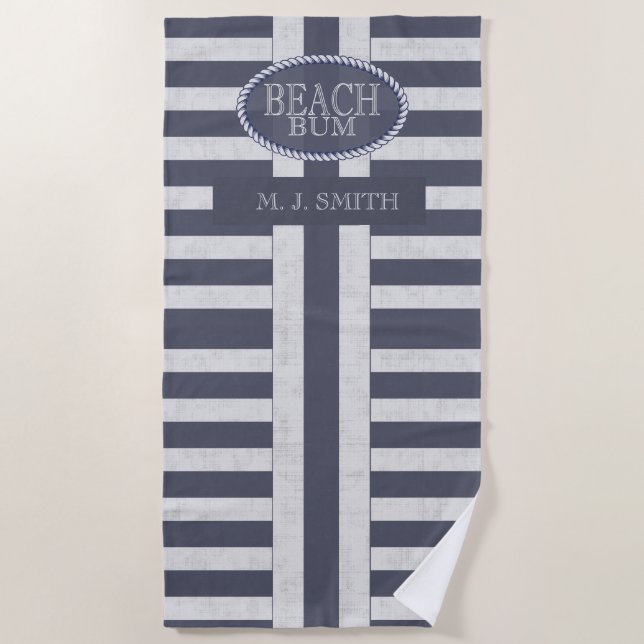 Serviette De Plage Beach Bum Bold Nautical Stripes and Name (Devant)