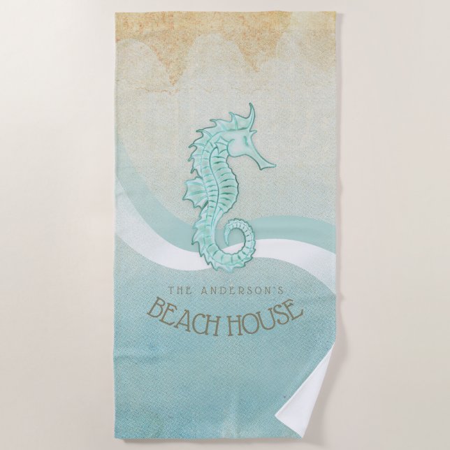 Serviette De Plage Beach House Seahorse Aqua Blue ID623 (Devant)