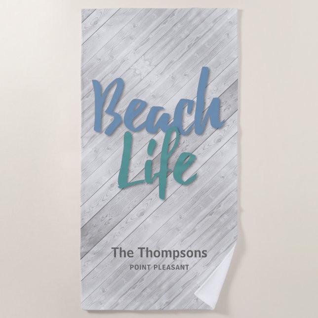 Serviette De Plage Beach Life avec nom et emplacement quai en bois (Devant)