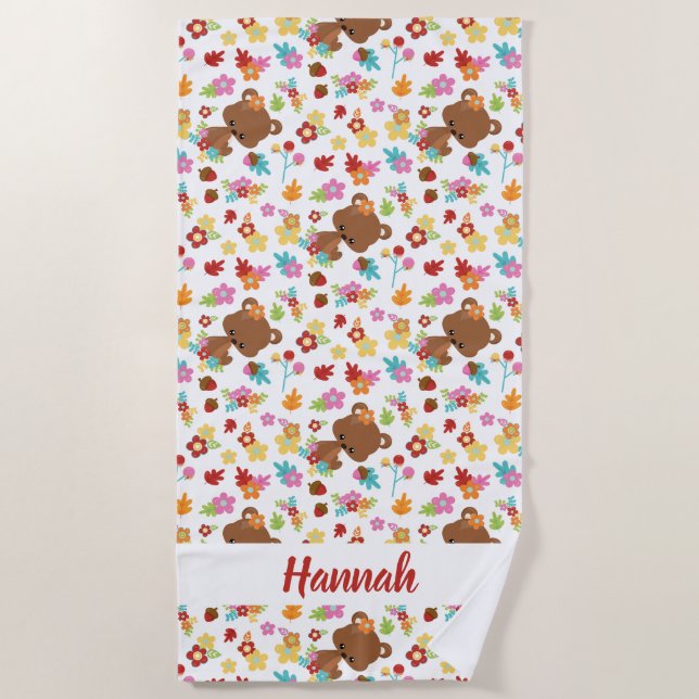 Serviette De Plage Bear mignonne & Petite fille feuille Nom personnal (Devant)