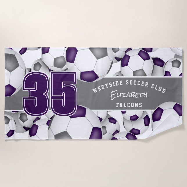 Serviette De Plage Beaucoup de balles de football violet gris personn (Devant)
