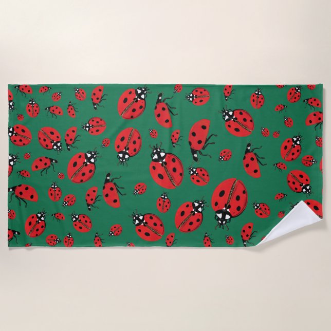 Serviette De Plage Beaucoup de Red Ladybugs Lucky Motif Green (Devant)