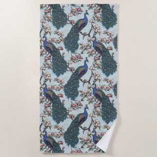 Serviette De Plage Beaux paons bleu poussiéreux et fleurs de magnolia