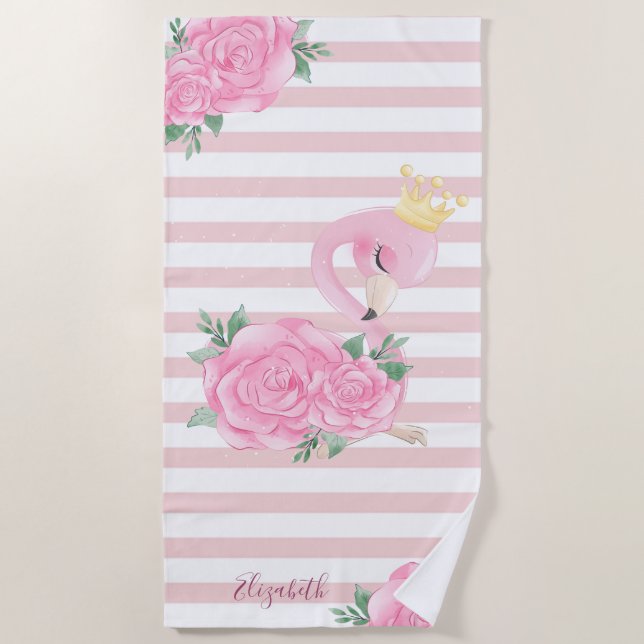 Serviette De Plage Bébé flamant rose mignon, rayures (Devant)