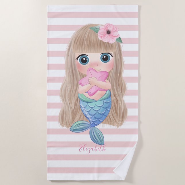 Serviette De Plage Bébé Sirène Mignonne, Rayures (Devant)