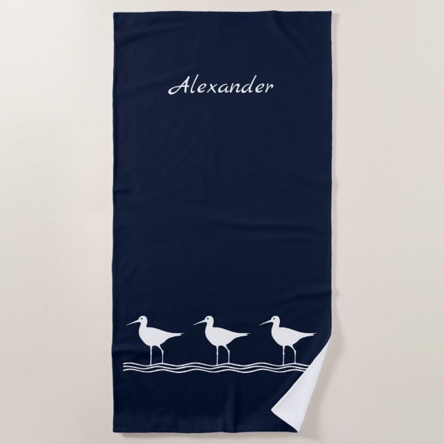 Serviette De Plage Bécasseaux Bleus de la Marine Nautique Oiseaux (Devant)