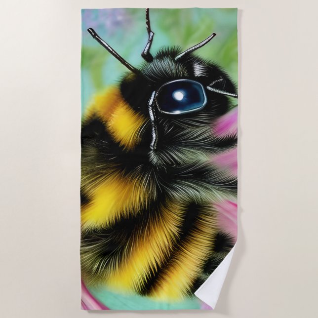 Serviette De Plage Belle abeille sur une fleur rose Gros plan (Devant)