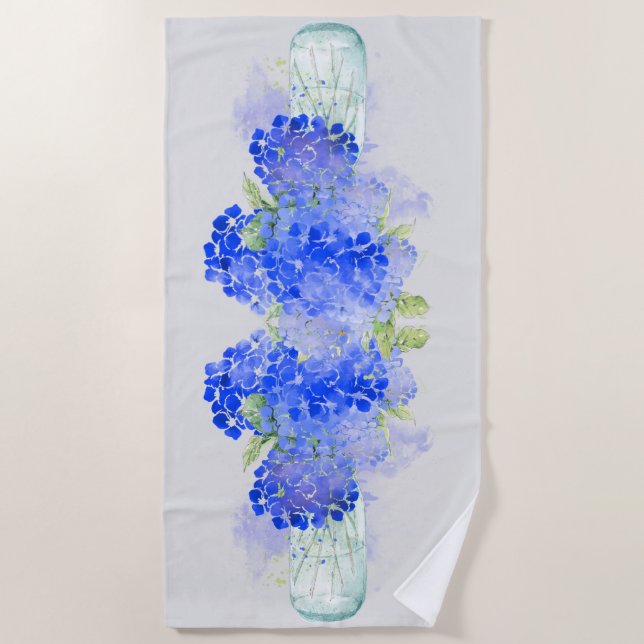 Serviette De Plage Belle aquarelle Bleu Hydrangée Jardin Fleur (Devant)