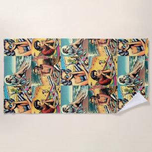 Serviette De Plage Belle dame rétro à la plage avec Cocktail