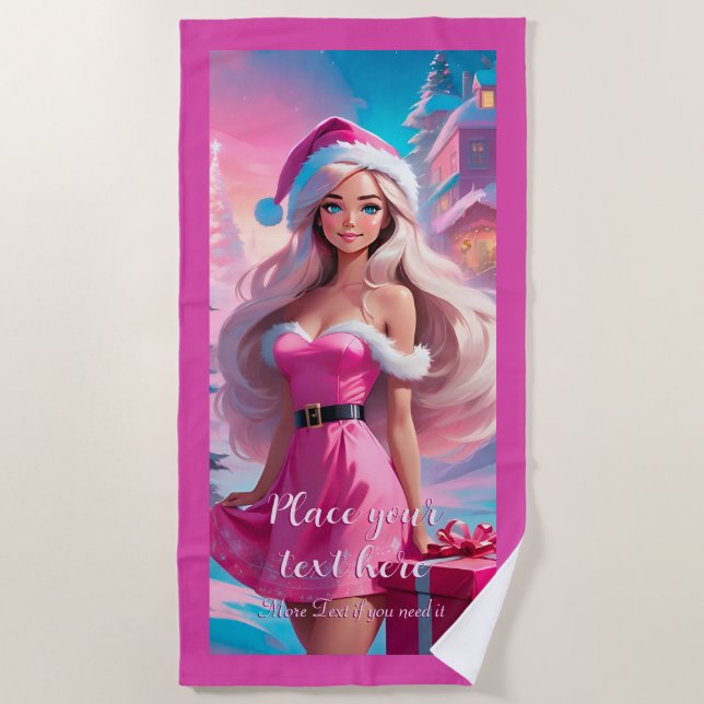 Serviette De Plage Belle fille de Noël rose 01 (Devant)