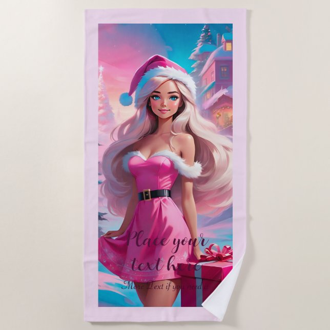 Serviette De Plage Belle fille de Noël rose 01 (Devant)