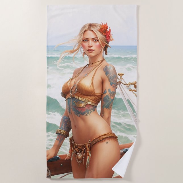 Serviette De Plage Belle fille de tatouage de pirate Beach Towel (Devant)