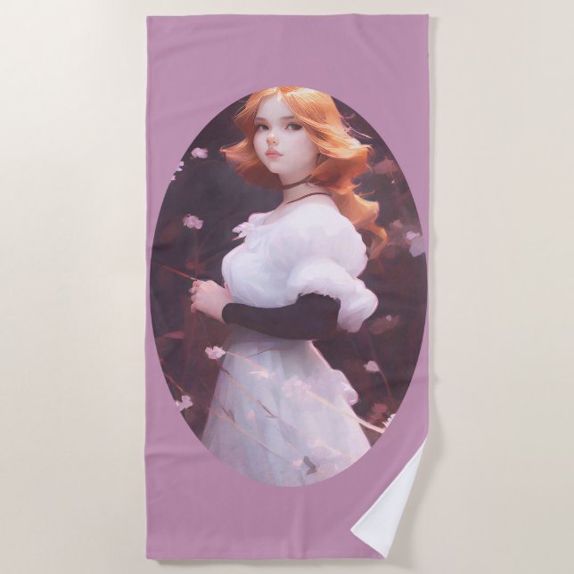 Serviette De Plage Belle Jeune Fille Parmi Les Fleurs Roses Portrait (Devant)