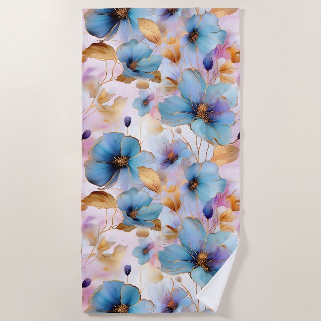 Serviette De Plage Belles fleurs bleues Encre d'alcool dans les paste (Devant)