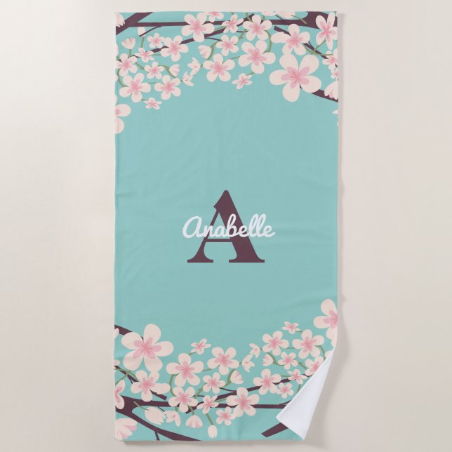 Serviette De Plage Belles fleurs de cerisiers Monogrammé (Devant)