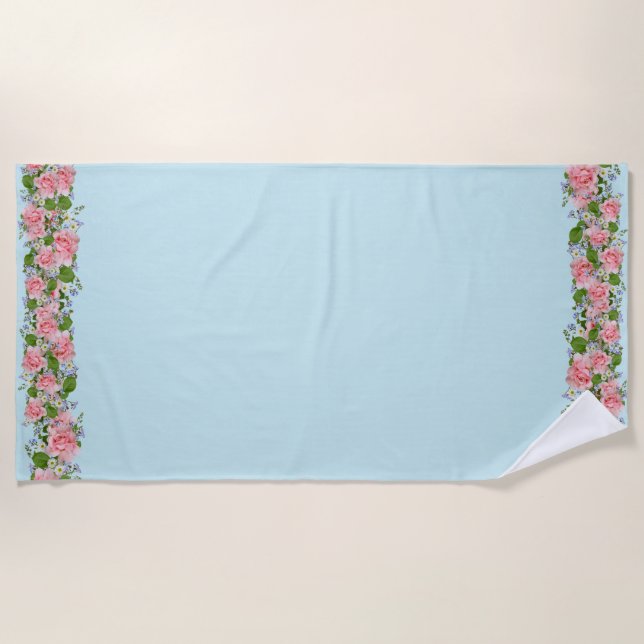 Serviette De Plage Belles fleurs roses sur bleu clair (Devant)