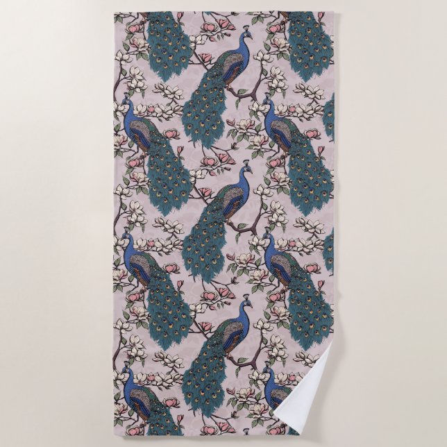 Serviette De Plage Belles Peacocks et Fleurs de Magnolia (Devant)