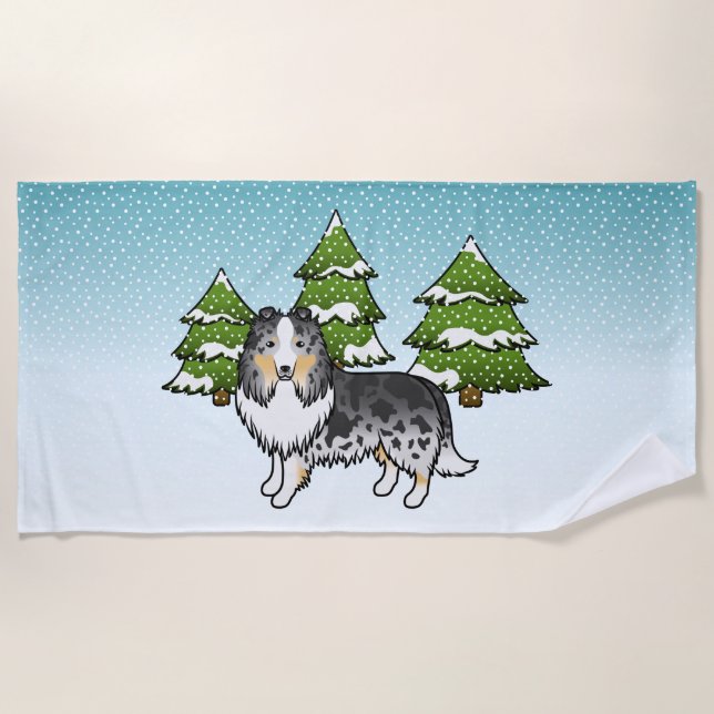 Serviette De Plage Berger des Shetland Blue Merle dans une forêt hive (Devant)