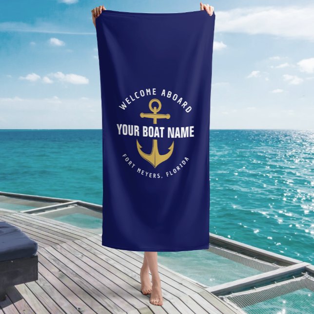 Serviette De Plage Bienvenue à bord de bateau Marine Blue Gold Ancre  (Créateur téléchargé)