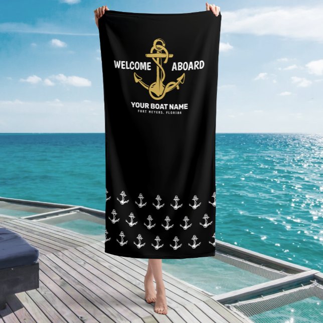 Serviette De Plage Bienvenue à bord du Nautical Black & Gold Boat Nam (Créateur téléchargé)