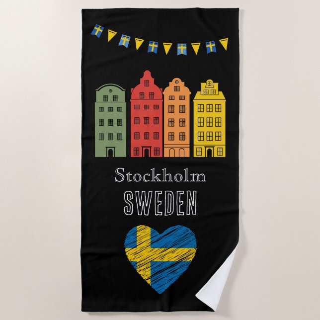Serviette De Plage Bienvenue à la fête à Stockholm Ville Suède Noir (Devant)