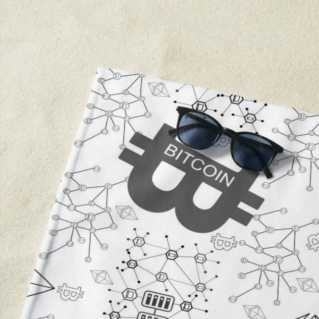 Serviette De Plage Bitcoin Digital Cryptomonnaie Blanc Noir (En situation)