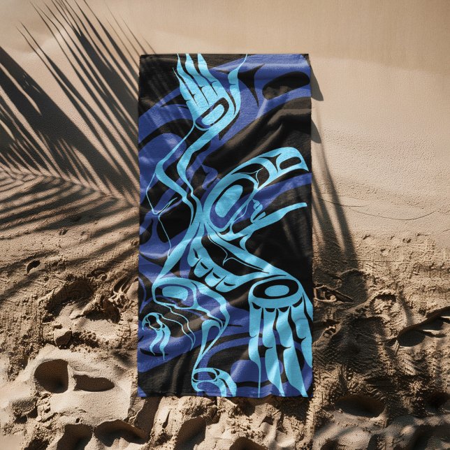 Serviette De Plage Black Blue Haida Eagle Thunder Bird Art autochtone (Créateur téléchargé)
