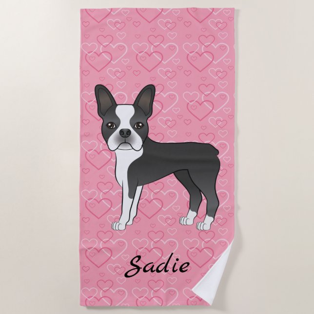 Serviette De Plage Black Boston Terrier Chien Sur Coeur Rose Et Nom (Devant)