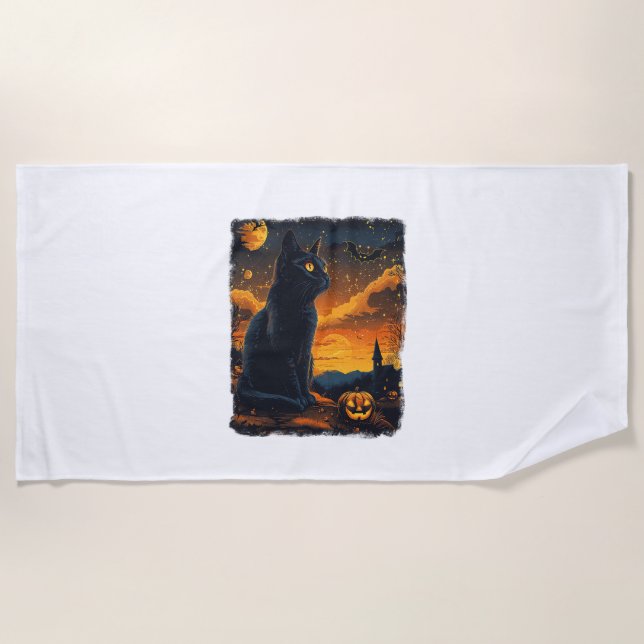 Serviette De Plage Black Cat Starry Nuit Van Gogh Citrouilles Bats Ha (Devant)