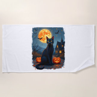 Serviette De Plage Black Cat Starry Nuit Van Gogh Citrouilles Bats Ha