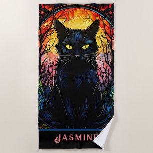 Serviette De Plage Black Cat Vitrail Rouge Éffrayant