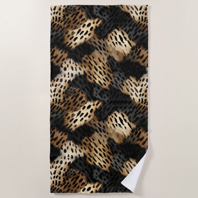 Serviette De Plage Black Gold Cream Leopard Animal Print   (Devant)