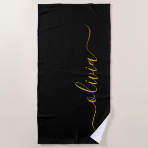 Serviette De Plage Black Gold Modern Script Girl Monogramme Nom