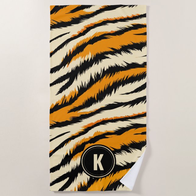 Serviette De Plage Black Orange Tiger Stripes Pattern Monogram (Devant)