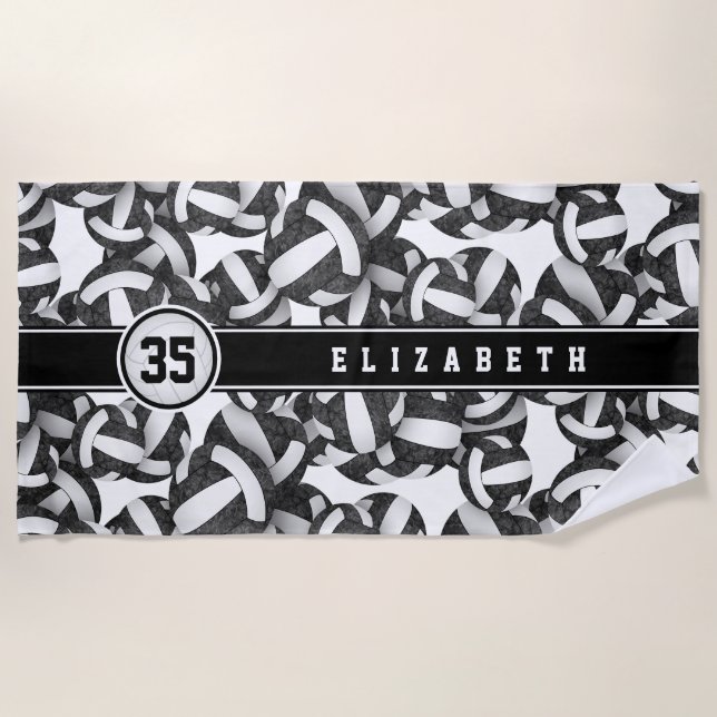 Serviette De Plage Black white volleyballs motif son nom personnalisé (Devant)