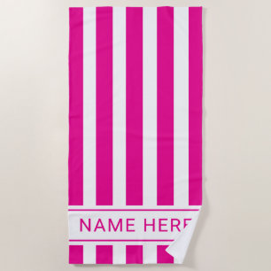 Serviette de plage blanche rayée HotPink personnal