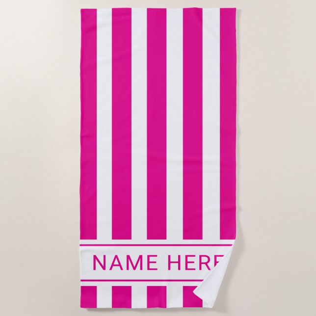Serviette de plage blanche rayée HotPink personnal (Devant)
