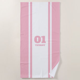Serviette De Plage Blancs et Rose Pink Sports Stripe Nom et numéro