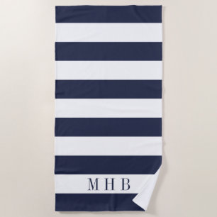 Serviette De Plage Bleu blanc et de minuit et rayure et monogramme