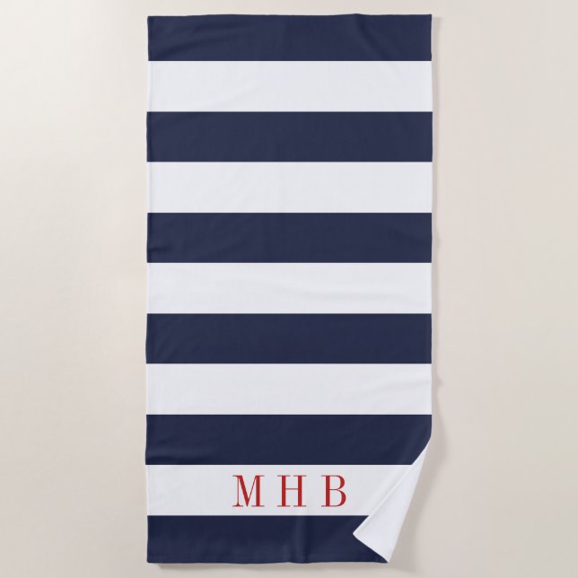 Serviette De Plage Bleu blanc et minuit et Monogramme rouge (Devant)