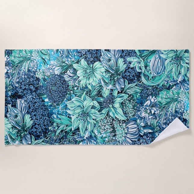 Serviette De Plage Bleu Blanc Turquoise Jardin Fleurs Motif (Devant)