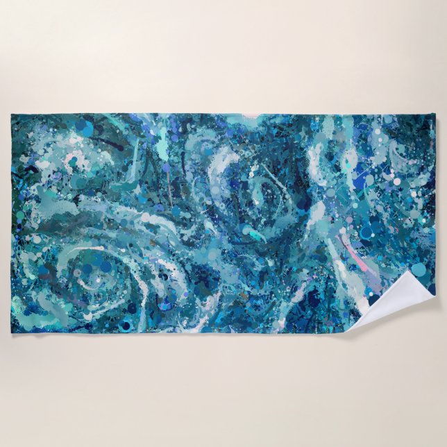 Serviette De Plage Bleu Blanc Turquoise Mer vague Splash Abstraction (Devant)
