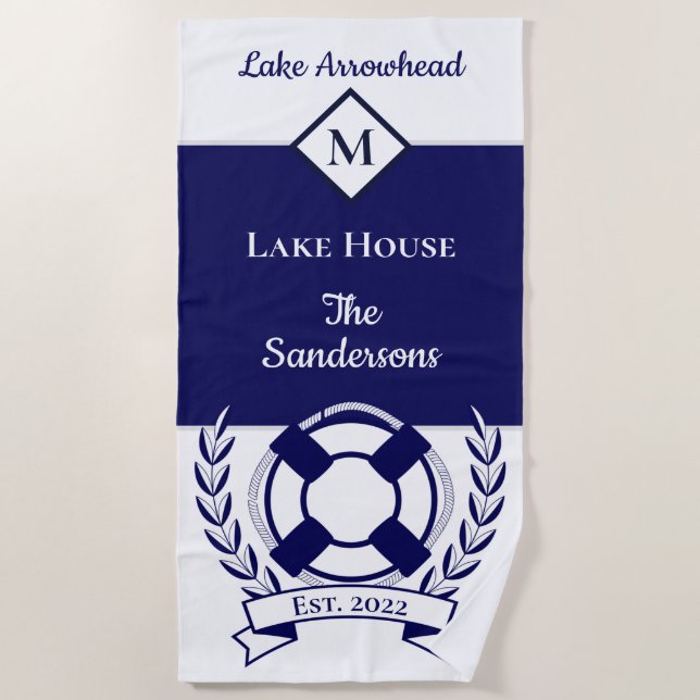 Serviette De Plage Bleu bleu marine Monogramme blanc Maison du lac (Devant)